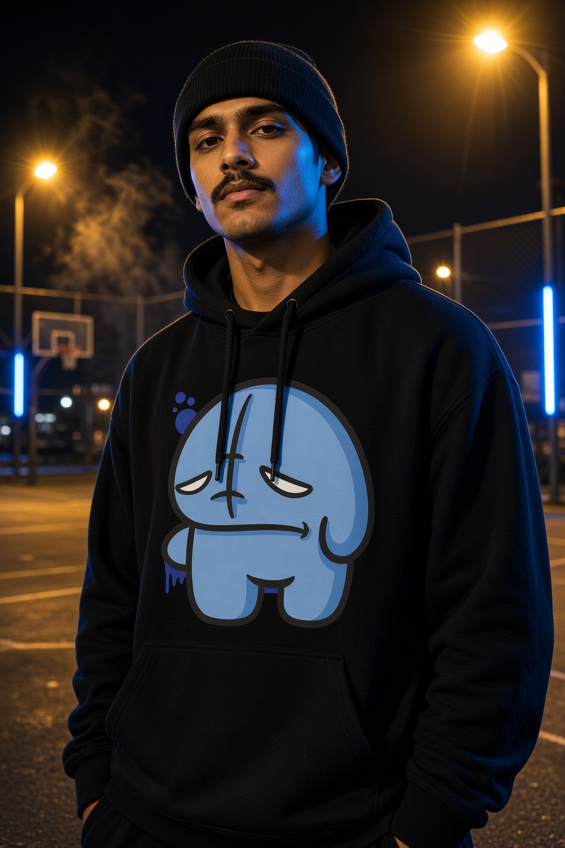 Model in a black hoodie with the blue chub, night court