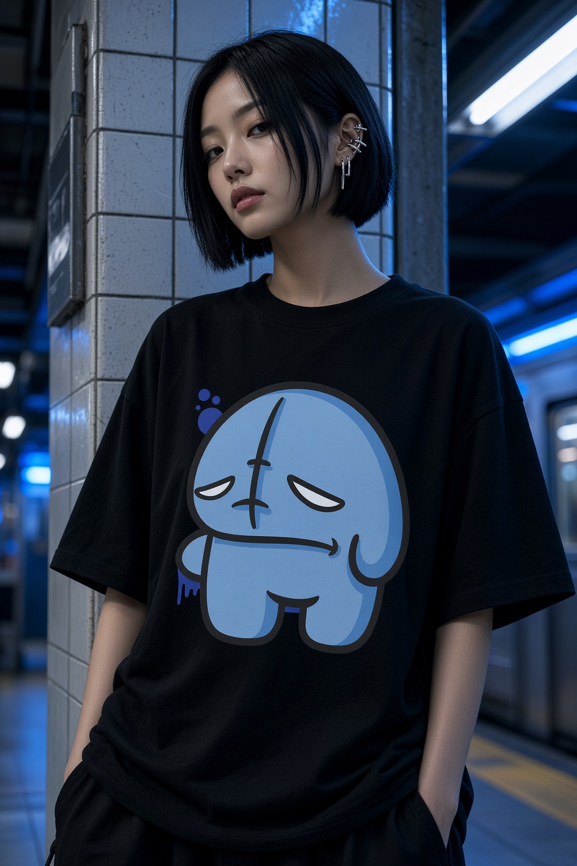 Model in a black tee with the blue chub, subway