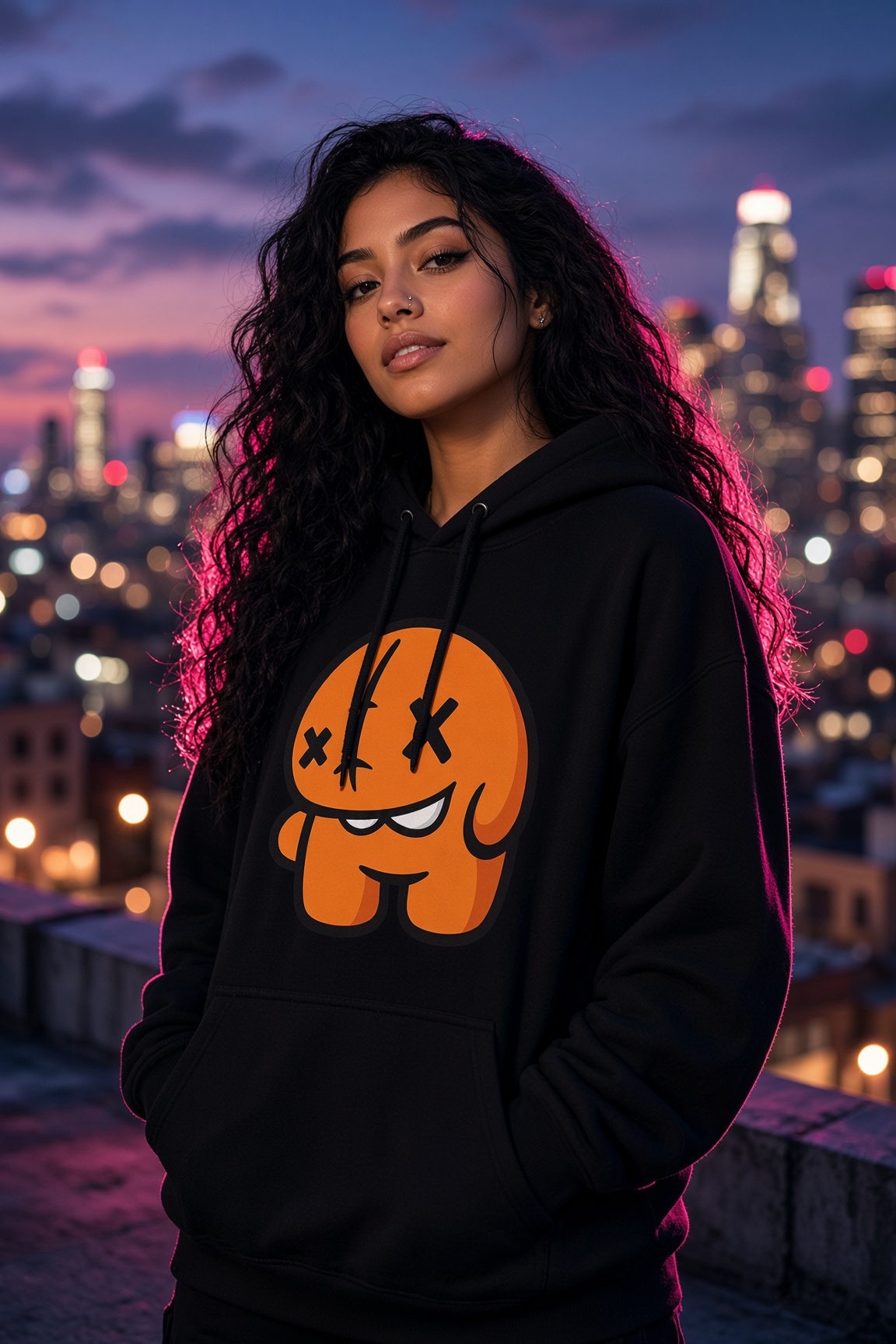 Model in a black hoodie with the orange chub, rooftop